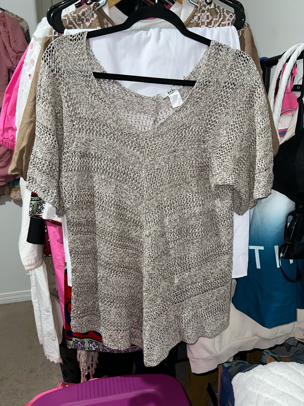 Isela beige With White & Charcoal Grey Open -Weave Scoop Neck  Sweater